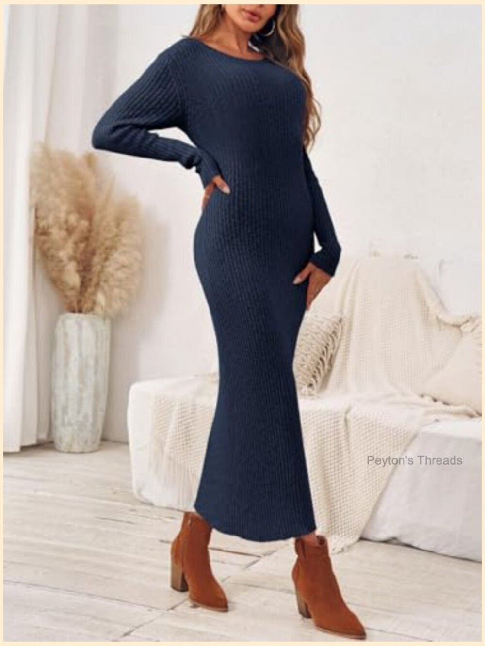 Ribbed Knit Long Sleeve Sweater Maxi Dress Bodycon Slim Fit Casual Fall - Picture 4 of 7